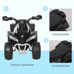 Black children's quad bike with labeled features on a white background
