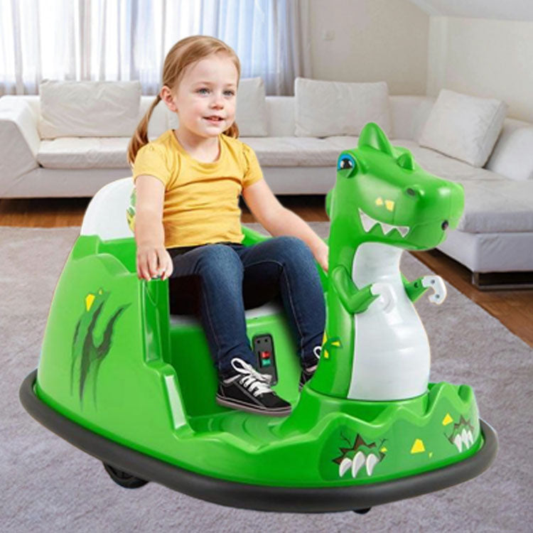 Child sitting on a green dinosaur-shaped ride-on toy in a living room.
