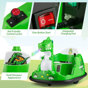Green dinosaur-themed toy car with control levers, one-button start, and charging port on a light green background.