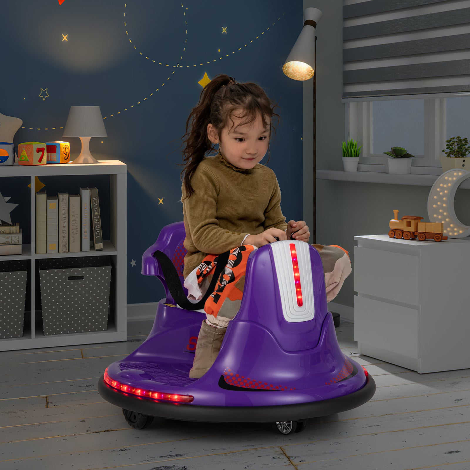 Child playing with a purple toy car in a room with a bookshelf and decorative items.