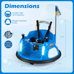 Blue children's bumper car with dimensions and safety certifications on a light blue background