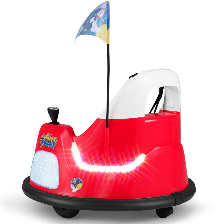Red toy car with a smiley face light on a white background