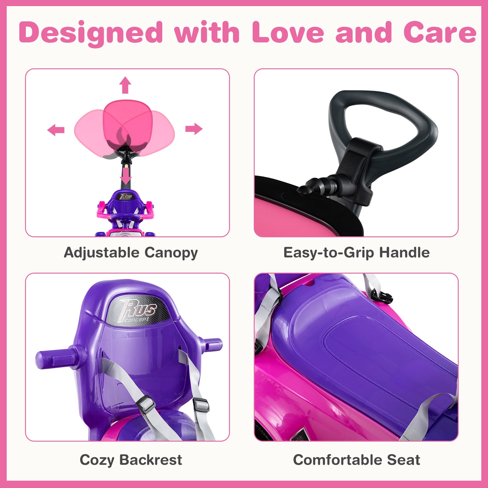 Child's toy car with features highlighted on a pink background