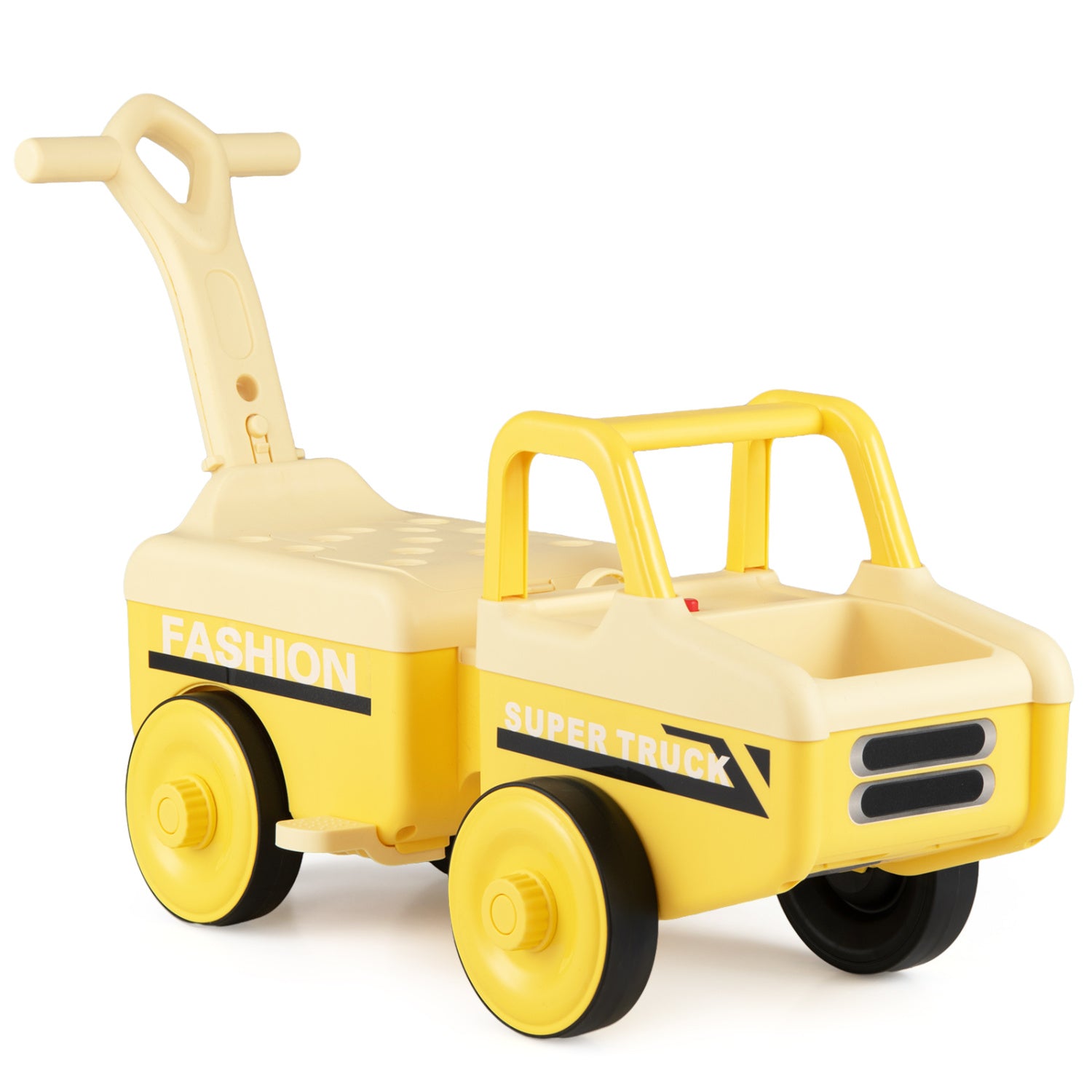 Yellow toy truck with fashion and super truck text on a white background