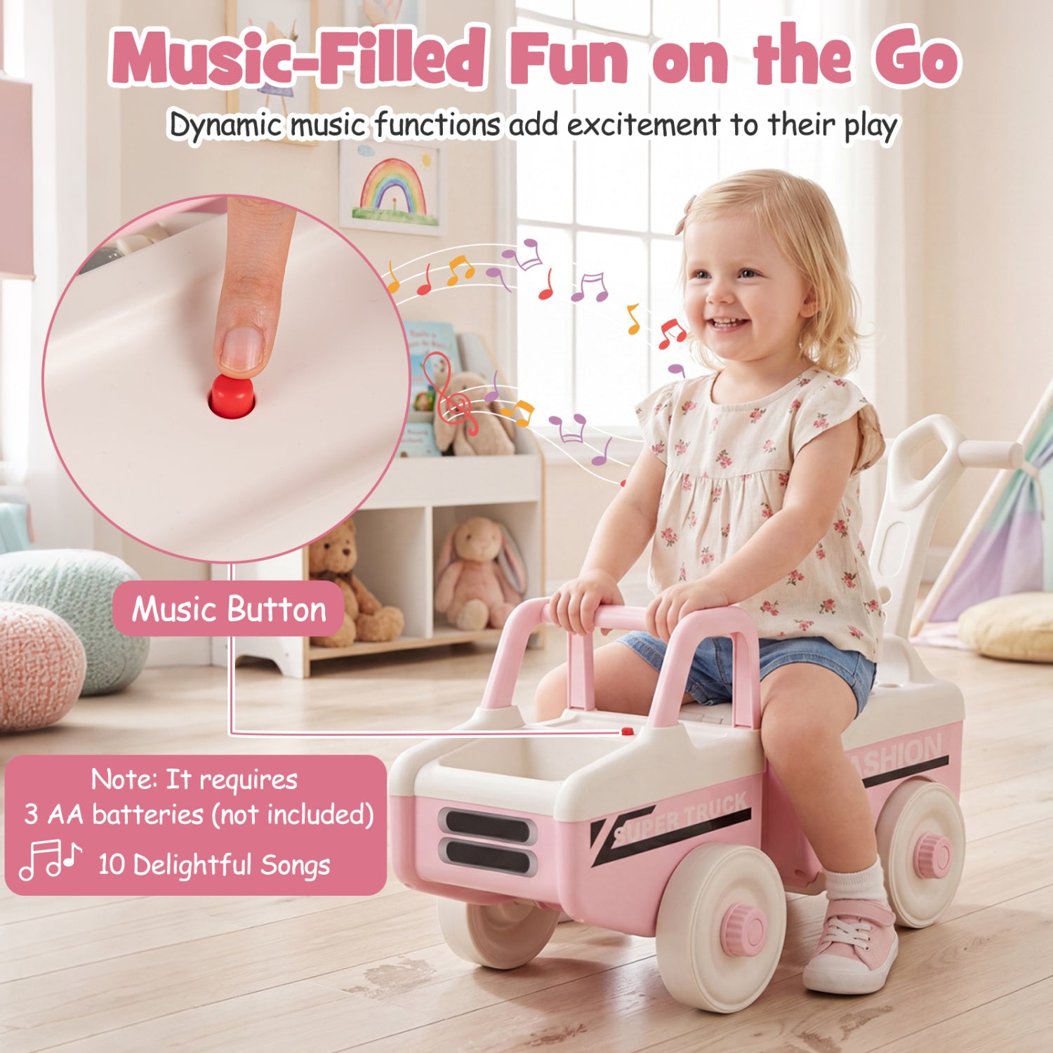 Child playing with a pink toy car in a room with educational toys.