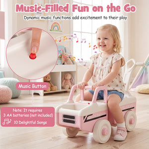 Child playing with a pink toy car in a room with educational toys.