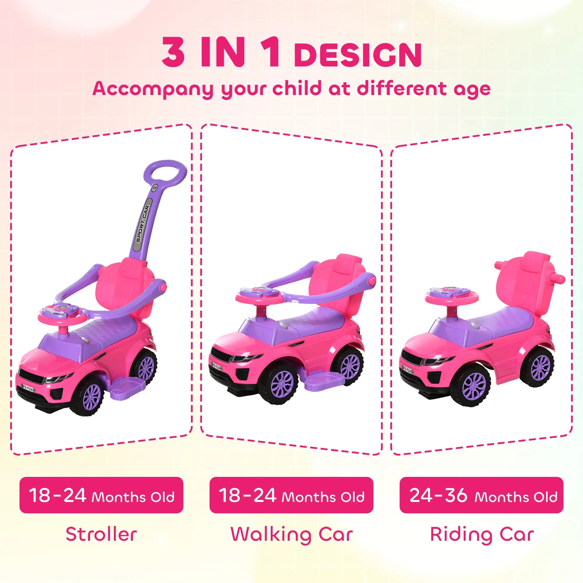 Pink and purple toy car with three stages for different age groups on a light pink background.