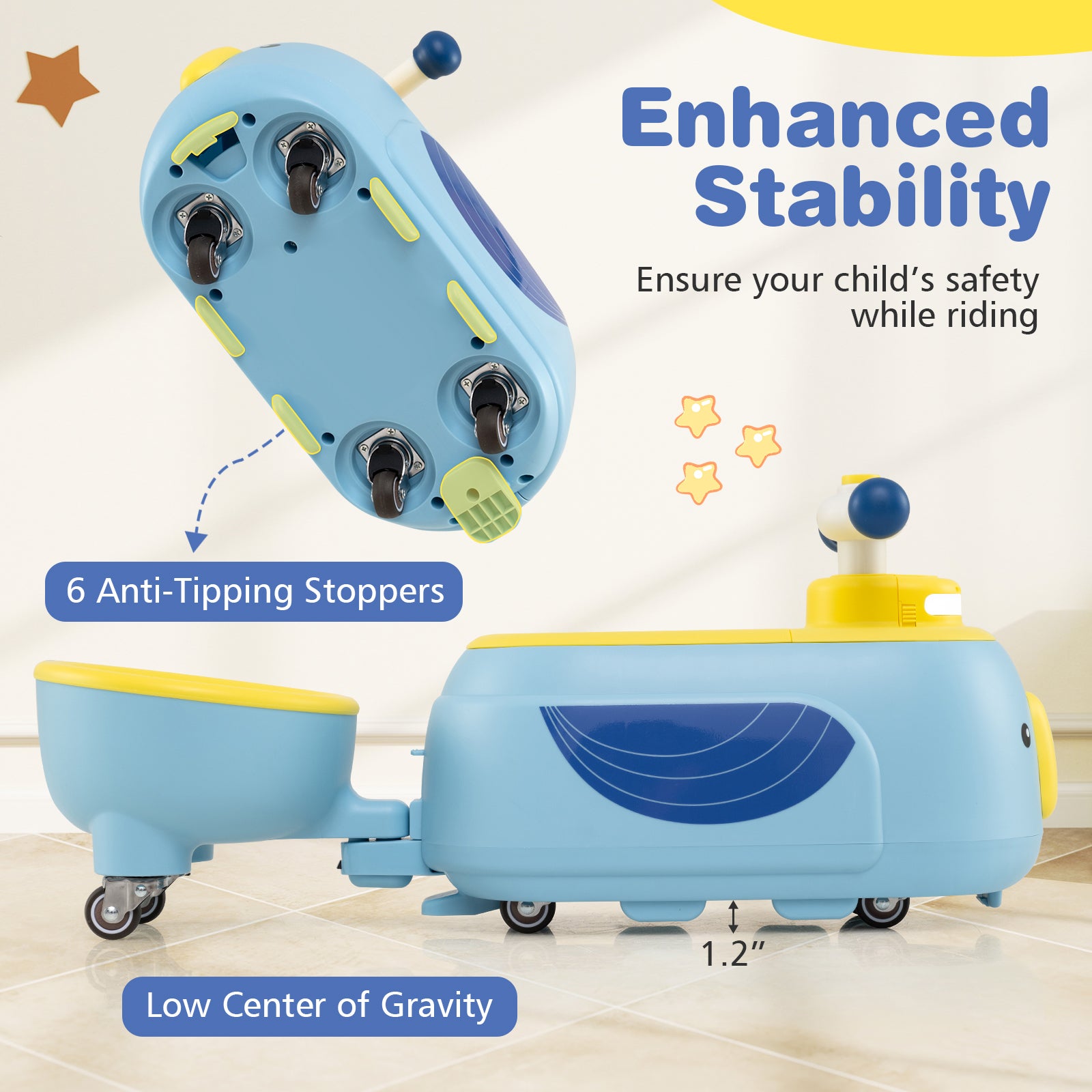 Children's scooter with enhanced stability features on a light background