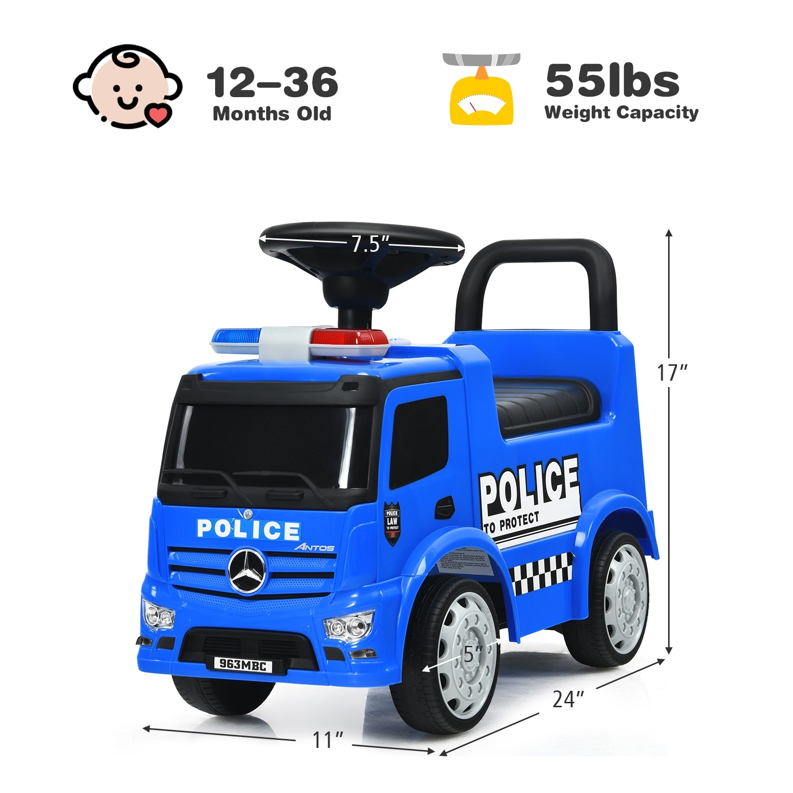 Blue toy police car with dimensions and weight capacity on a white background