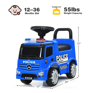 Blue toy police car with dimensions and weight capacity on a white background