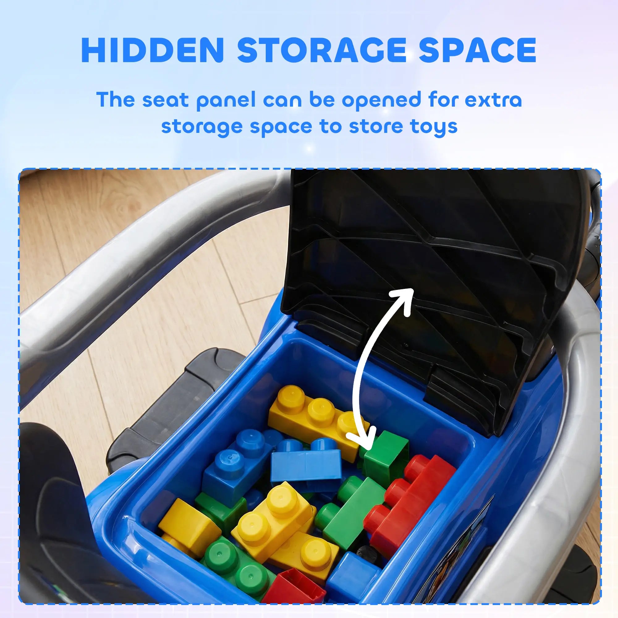 Hidden storage space in a stroller with colorful building blocks inside, on a light wood floor.