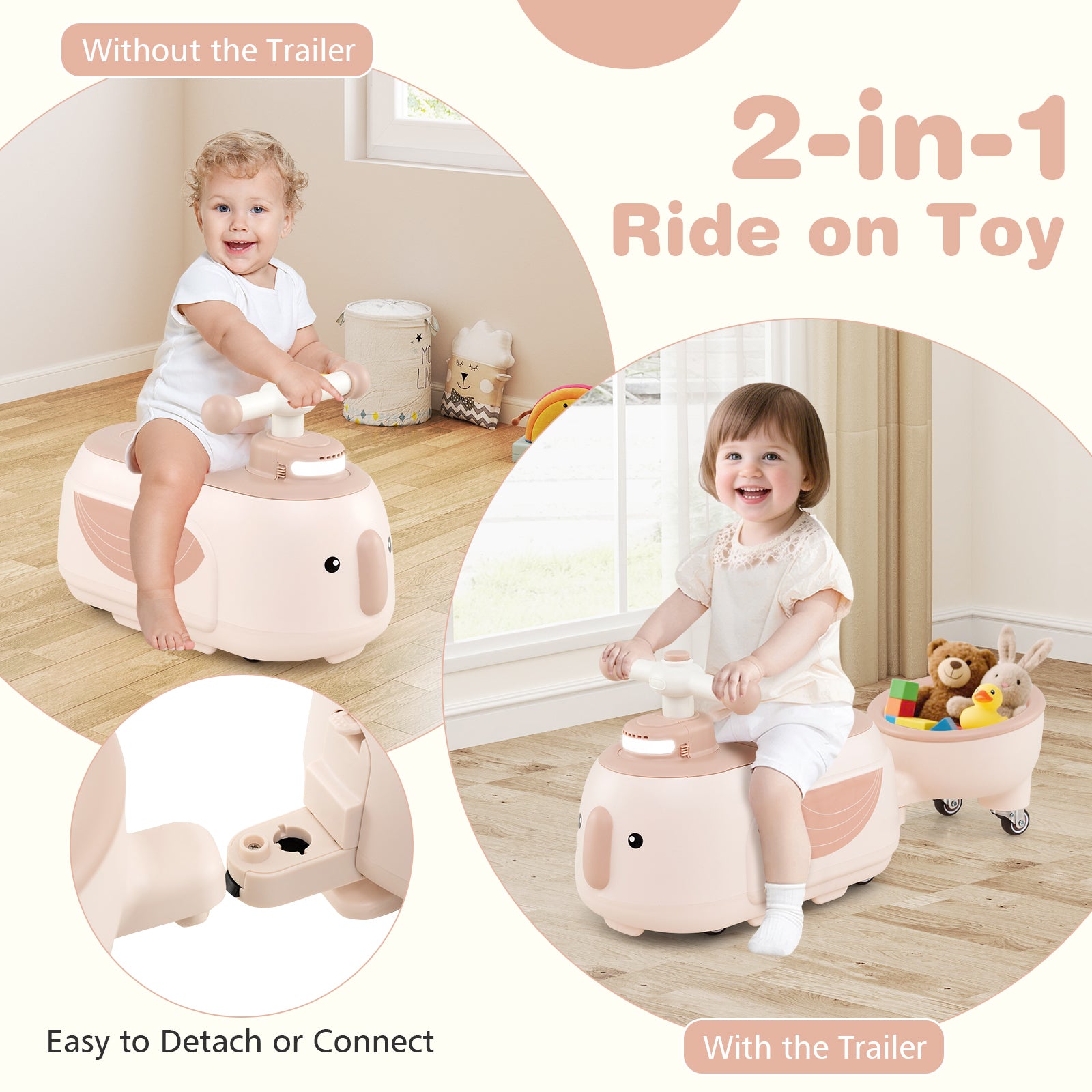 Two children playing with a 2-in-1 ride-on toy, one without a trailer and the other with a trailer.