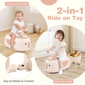 Two children playing with a 2-in-1 ride-on toy, one without a trailer and the other with a trailer.