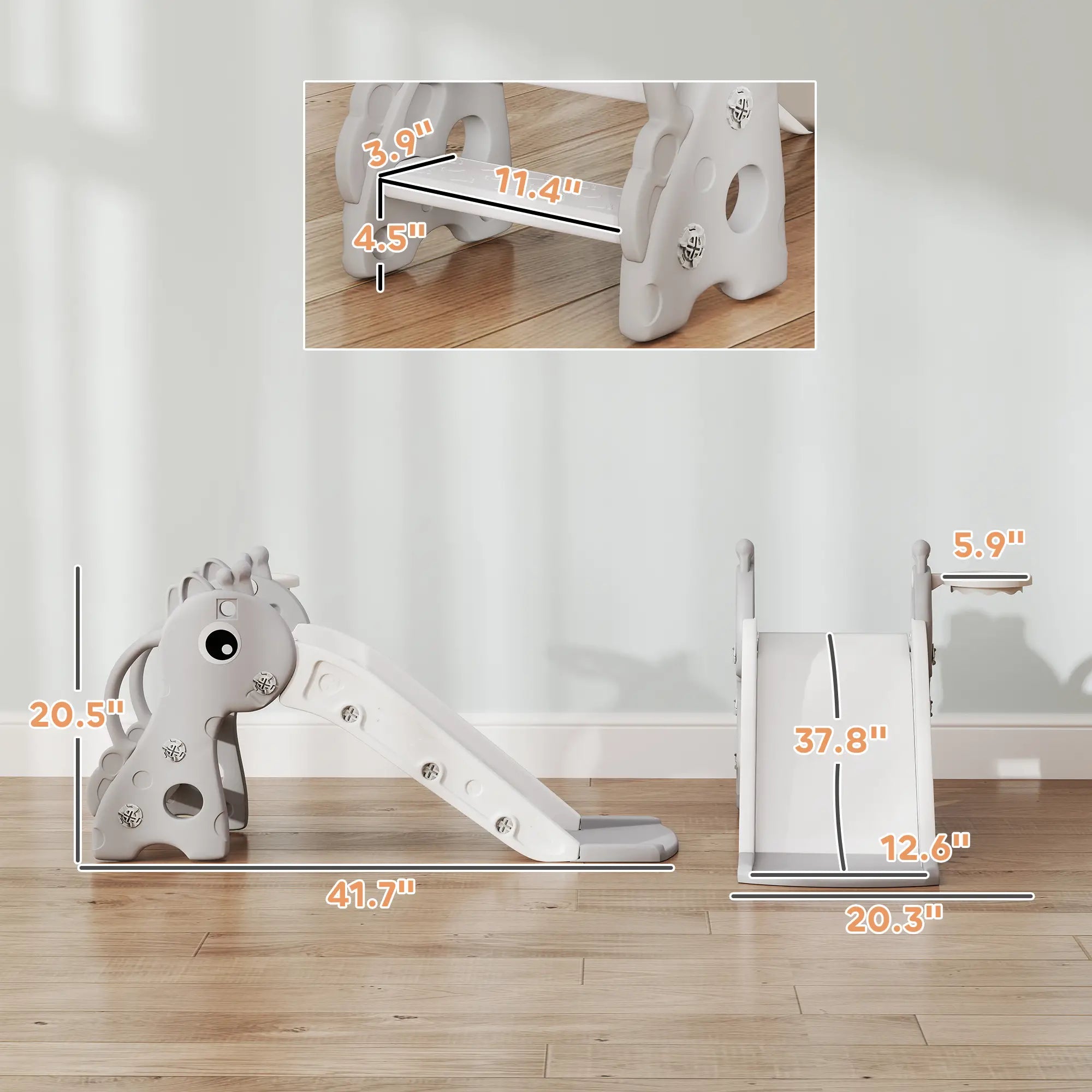 Measurement details of a children's slide toy on a wooden floor.