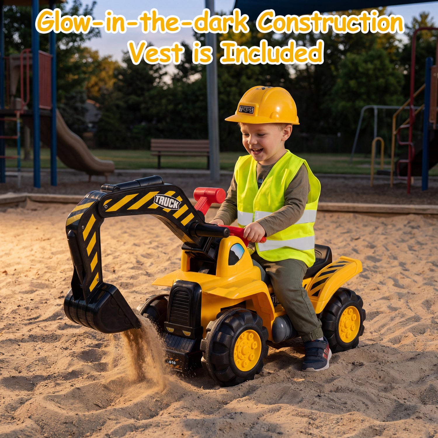 Child playing with a toy excavator in a playground, wearing a construction vest and helmet.