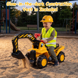 Child playing with a toy excavator in a playground, wearing a construction vest and helmet.
