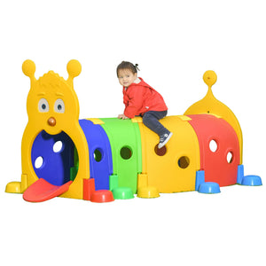 Child playing on a colorful playground structure with a white background