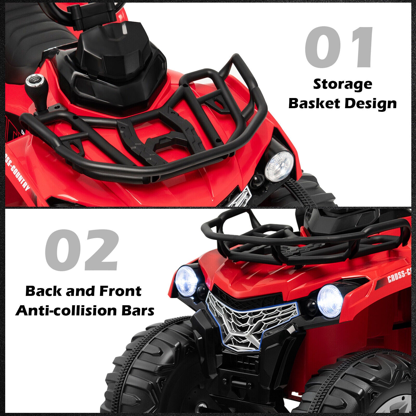 Red ATV with storage basket design and anti-collision bars on a white background
