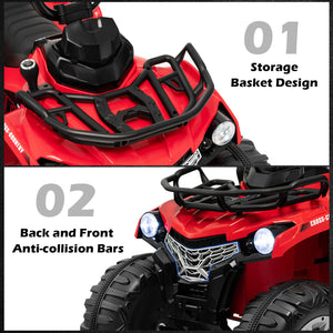Red ATV with storage basket design and anti-collision bars on a white background