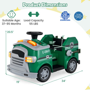 Green toy truck with dimensions and safety certification logos on a white background