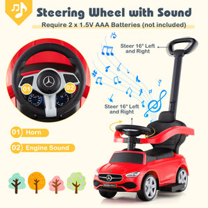 Toy car with steering wheel and sound features on a white background