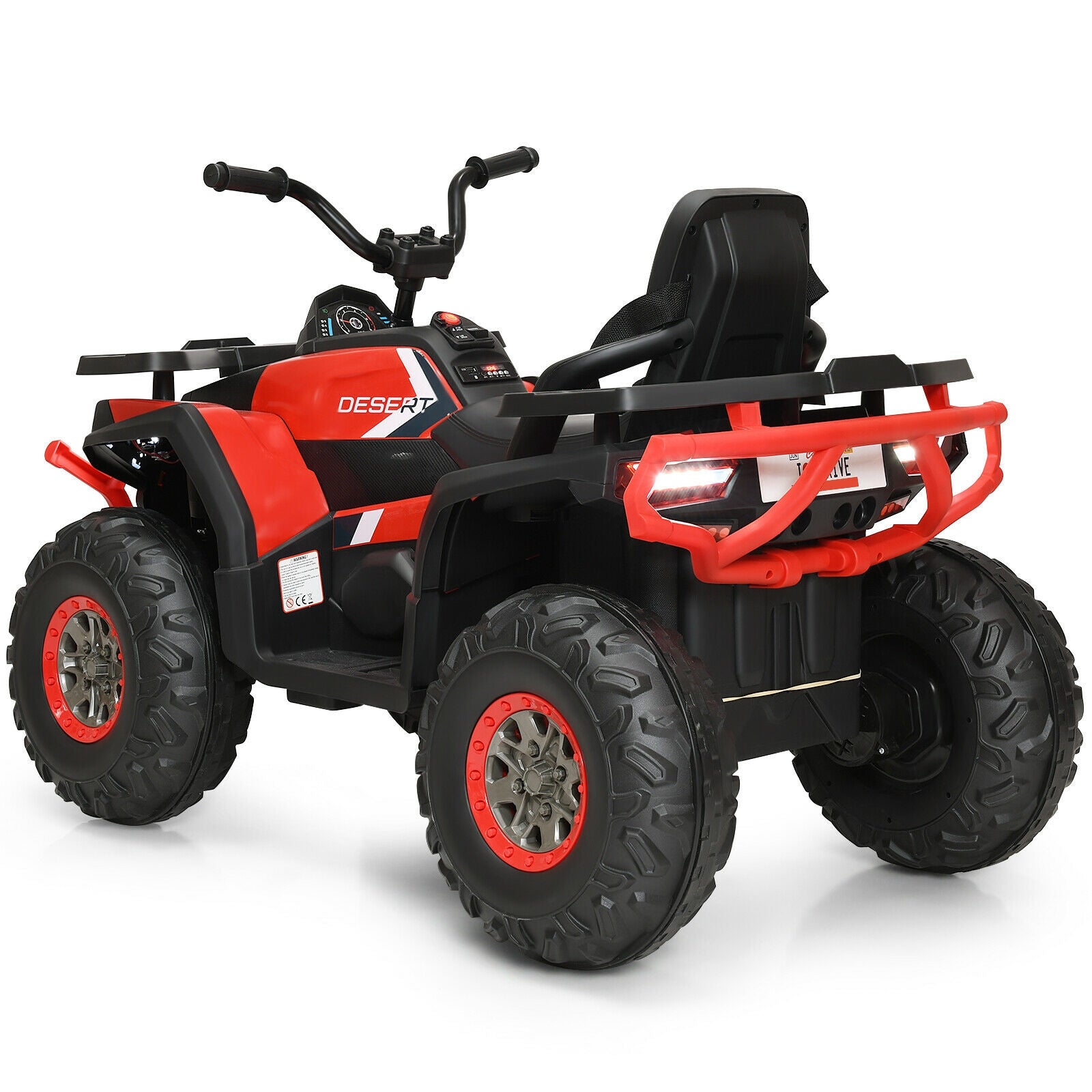 Red and black toy ATV on a white background