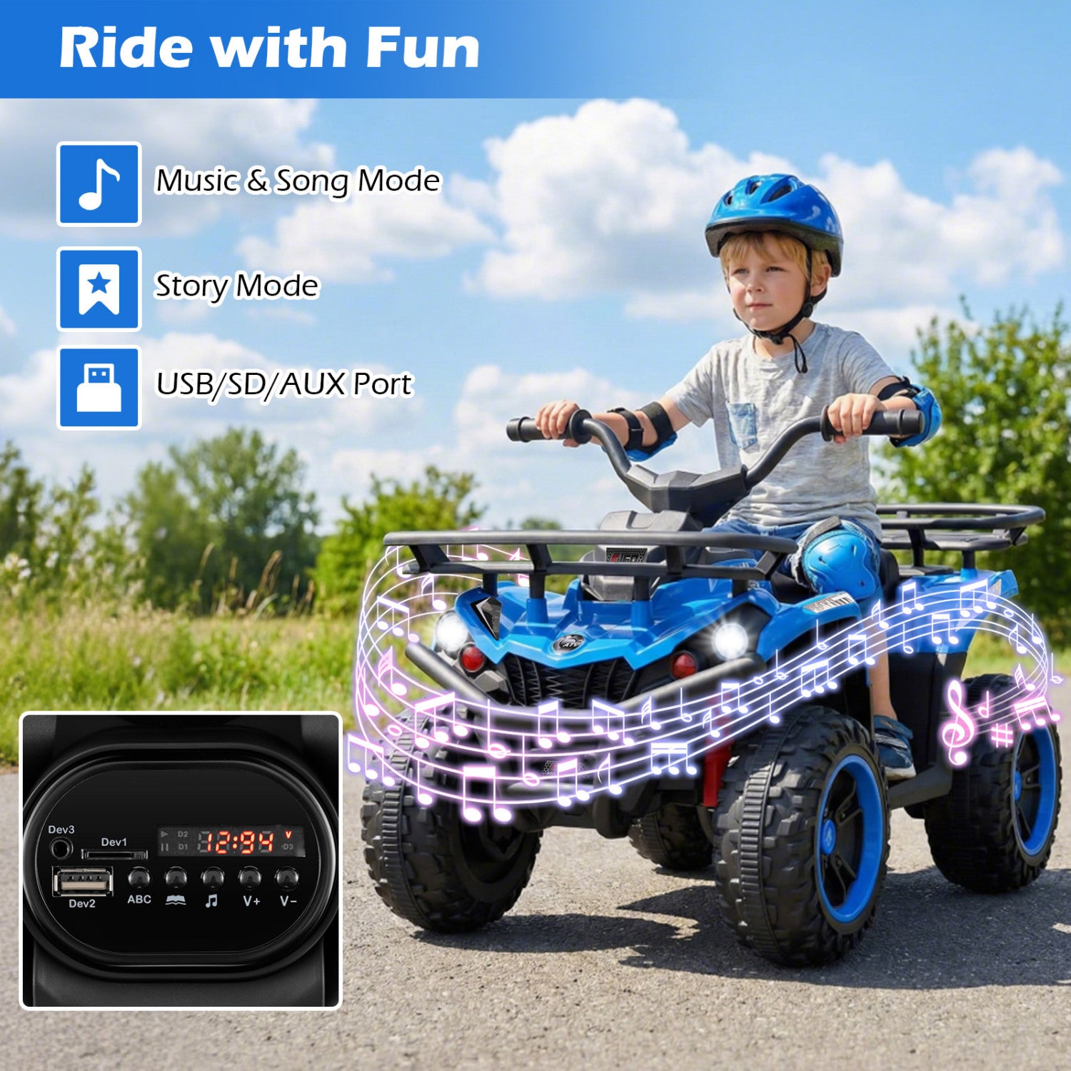Child riding a blue toy vehicle with LED lights, outdoors on a sunny day.