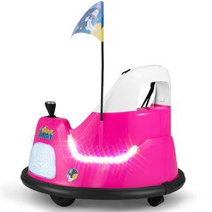 A children's ride-on toy car in bright pink and white, featuring a small blue rocket-themed flag on a pole, a black handlebar, and a glowing light bar on the front, shown against a plain white background.