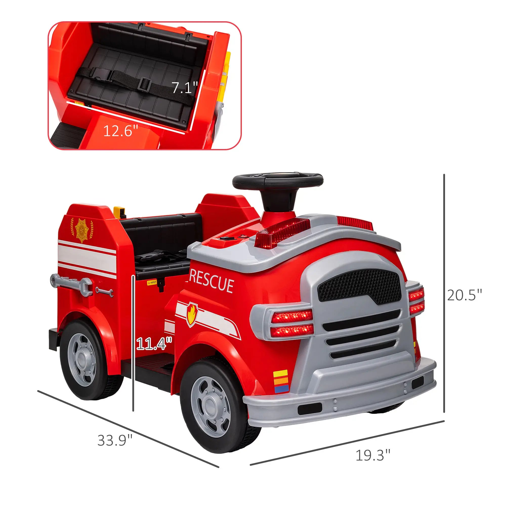 Electric fire truck for toddlers featuring seat belt and safe driving speed