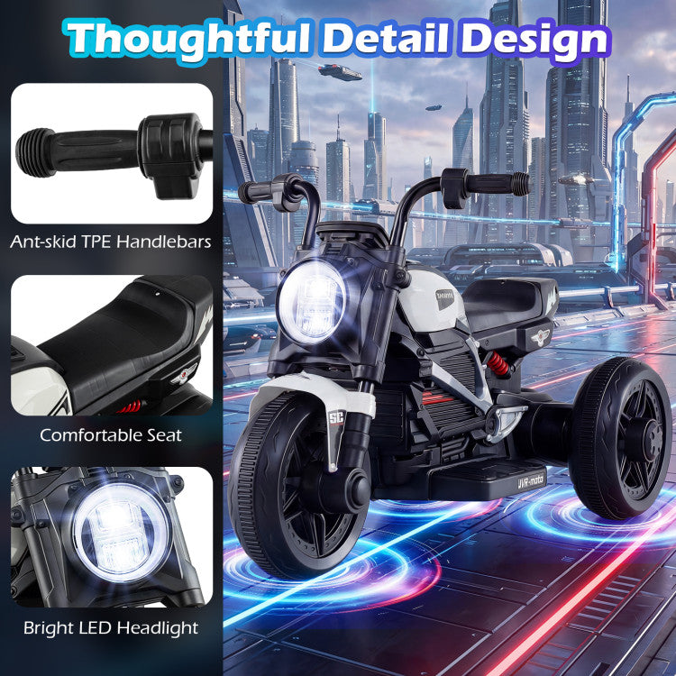 Children's electric tricycle with detailed features and a futuristic city background