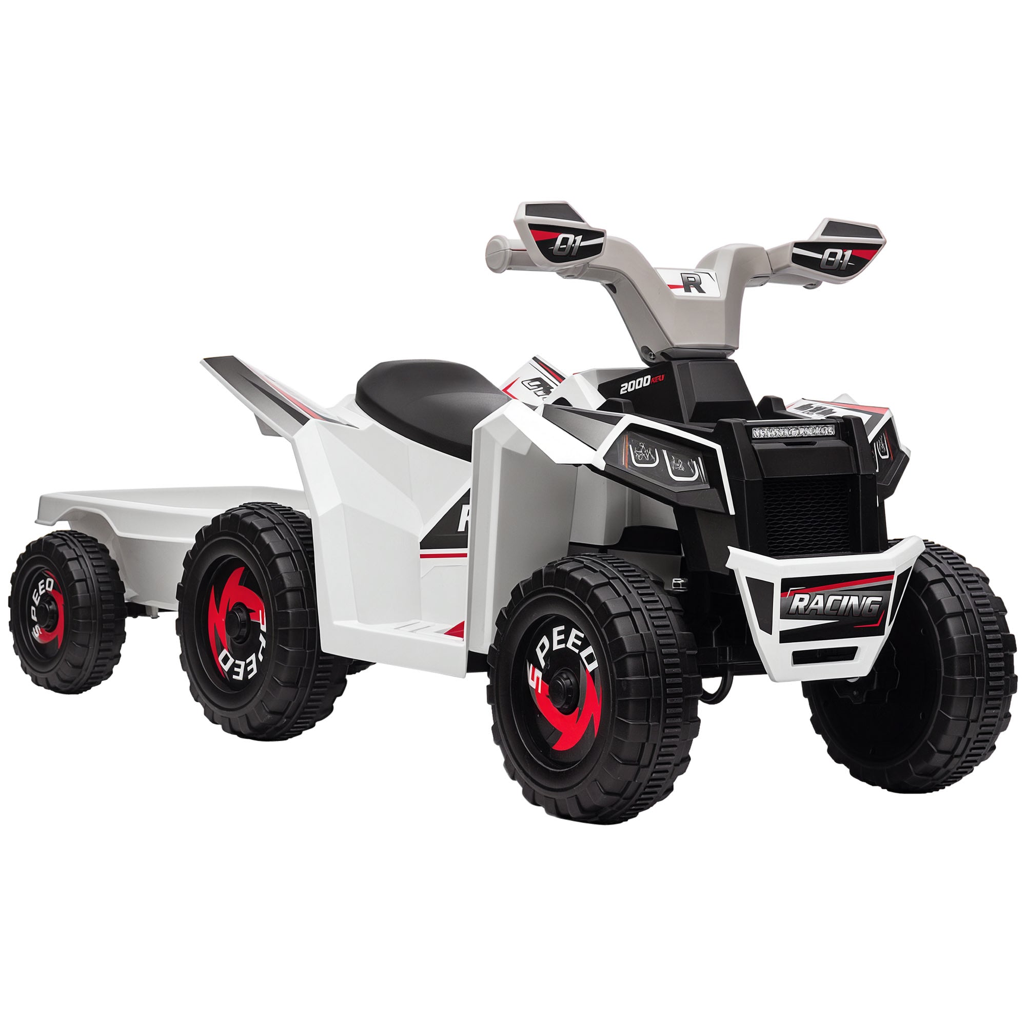 Children's toy ATV with white, black, and red design on a white background