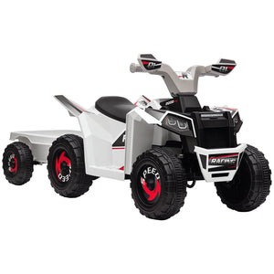 Children's toy ATV with white, black, and red design on a white background