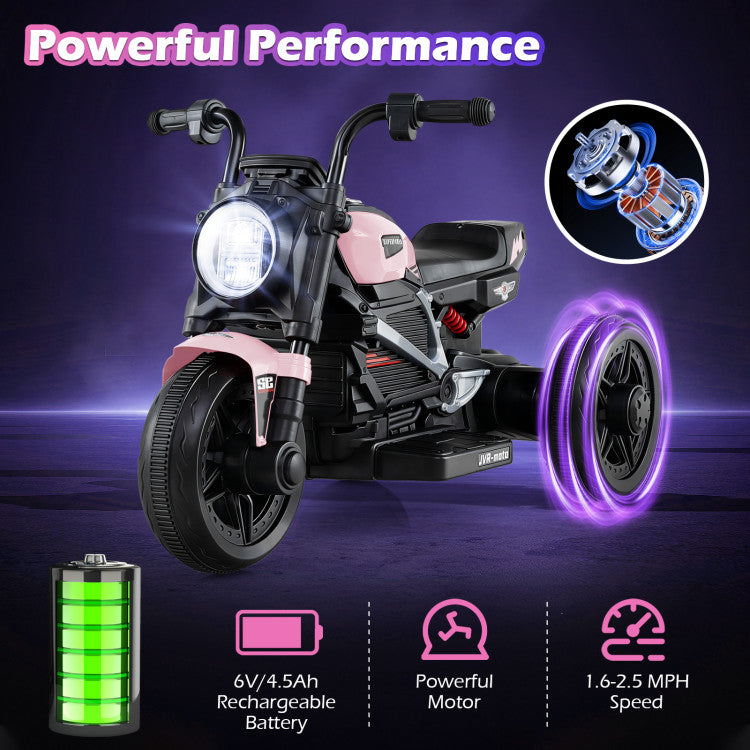 Children's electric motorcycle with glowing wheels on a dark background, featuring text about performance and specifications.