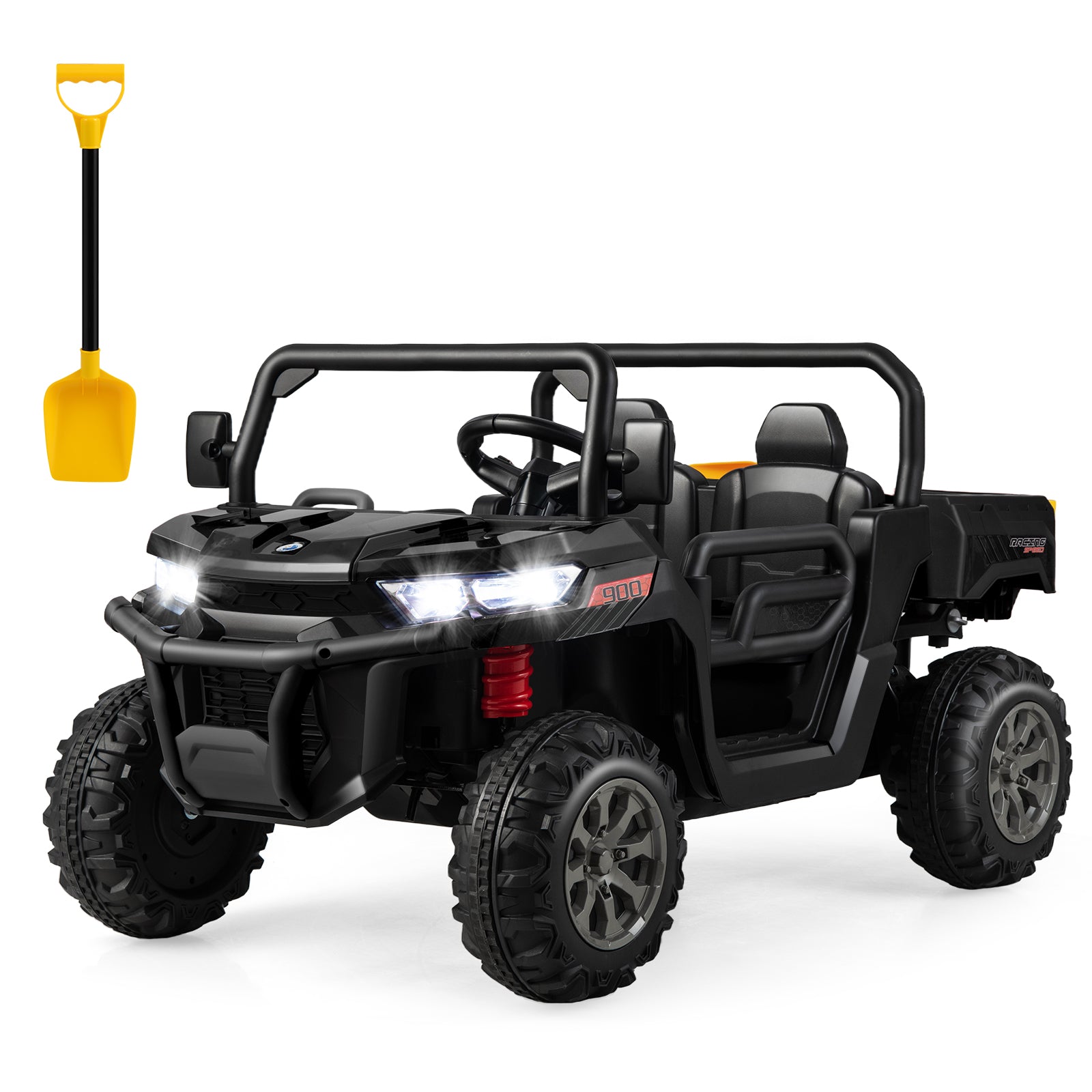 Black toy off-road vehicle with a yellow shovel on a white background
