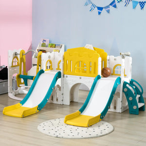Children's playset with slides and climbing structure in a room.