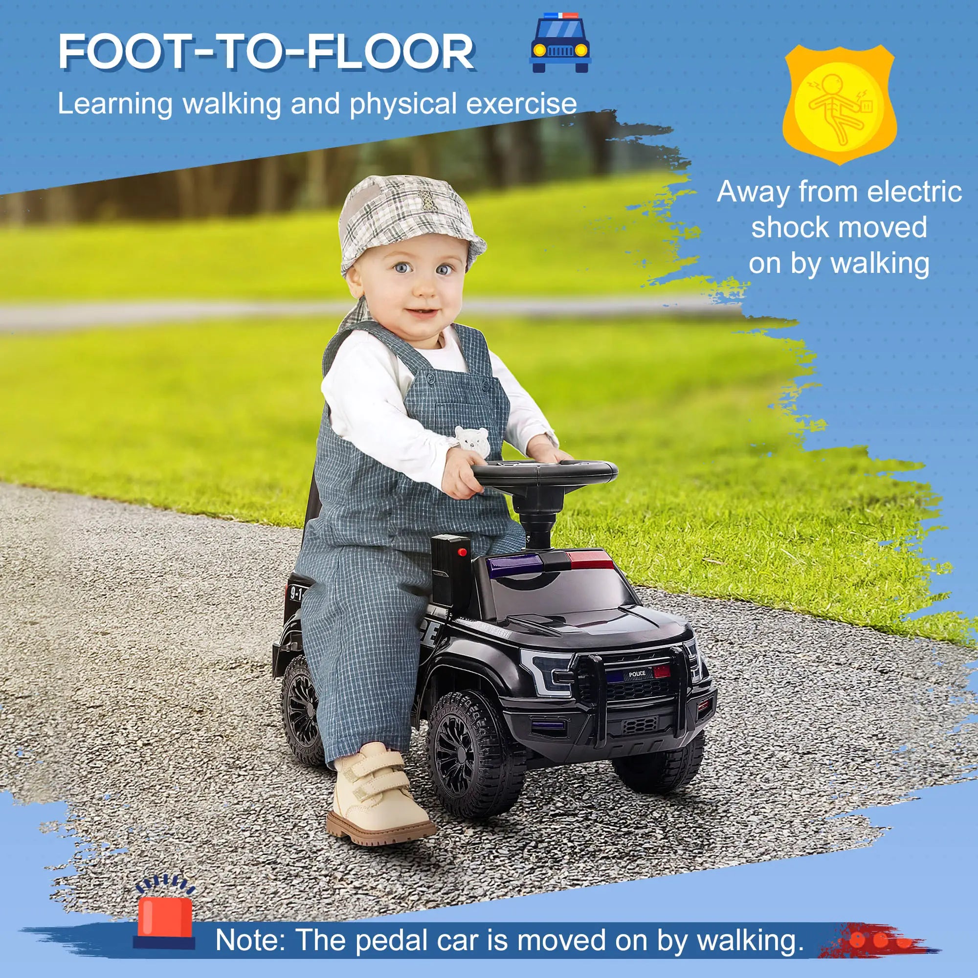 Child playing with a toy car on a road with text about learning walking and physical exercise.