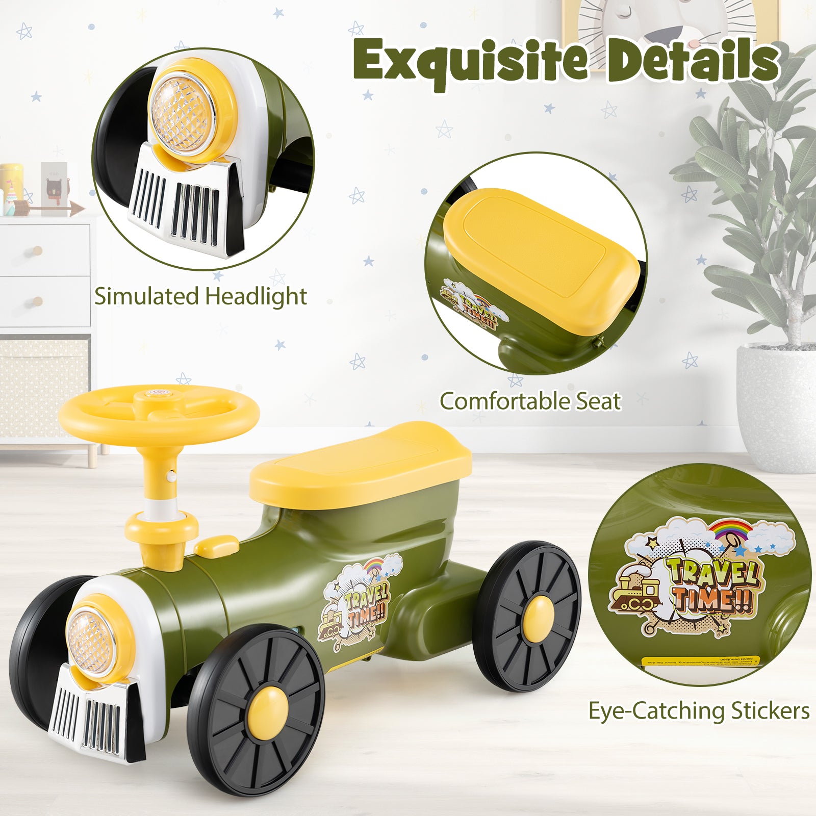 Toy car with highlighted features like a simulated headlight, comfortable seat, and eye-catching stickers on a white background.