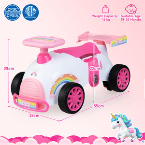 Pink and white toy car with unicorn design and measurements on a pink background