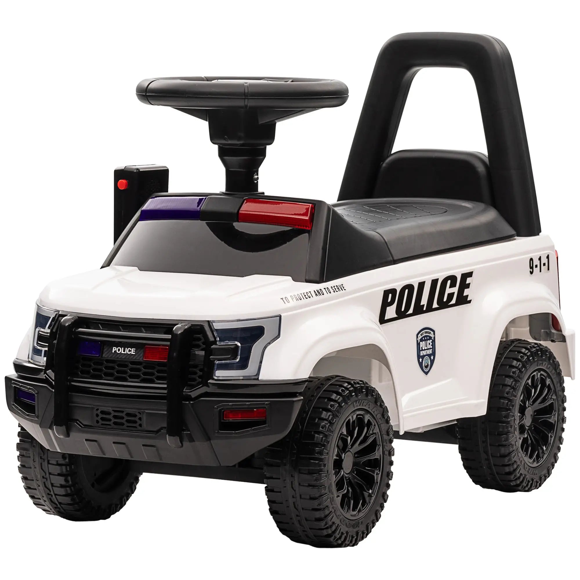 Toy police car with a white body and black details on a white background