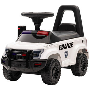 Toy police car with a white body and black details on a white background
