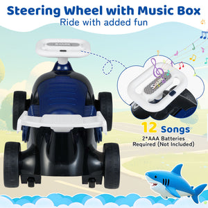Toy steering wheel with music box featuring a shark design on a colorful background.