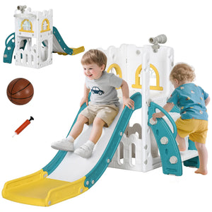 Children playing on a colorful playground slide set with accessories on a white background