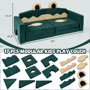 Modular kids play couch with green and beige sections, dimensions, and component pieces displayed.