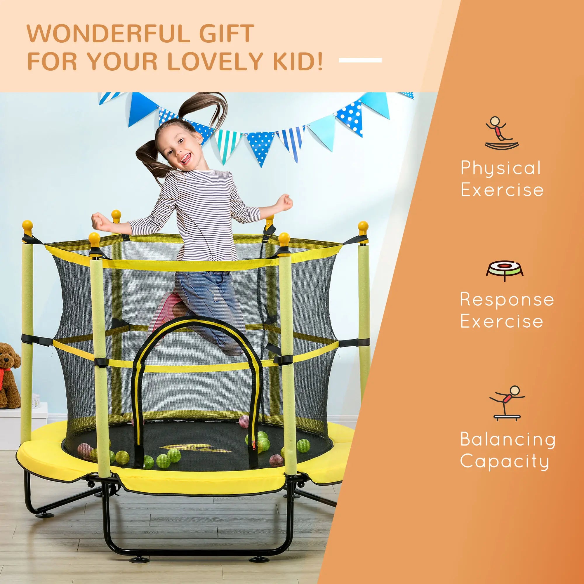Child playing on a trampoline with text highlighting benefits and an orange border.