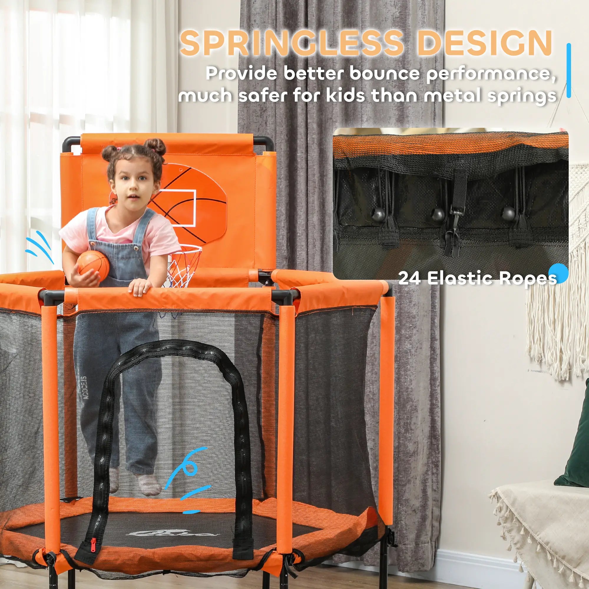 Child on an orange trampoline with safety netting in a room.