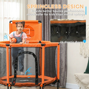 Child on an orange trampoline with safety netting in a room.