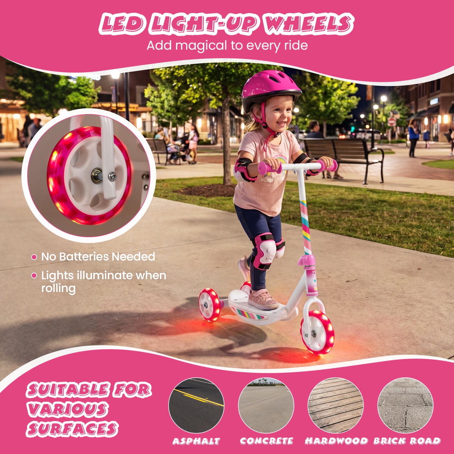Child riding a scooter with LED light-up wheels in an outdoor setting