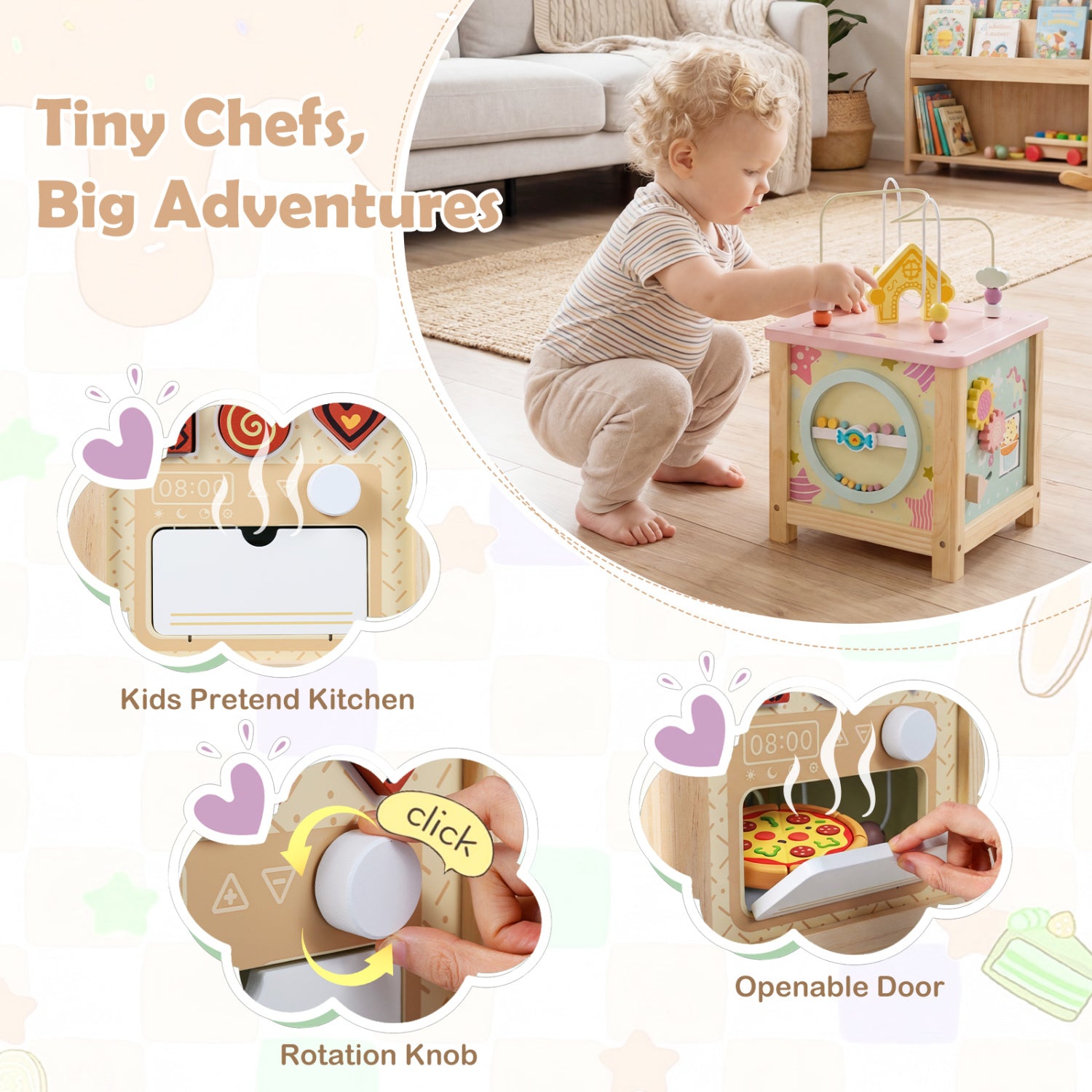 Multi-functional toddler learning cube with Montessori activities