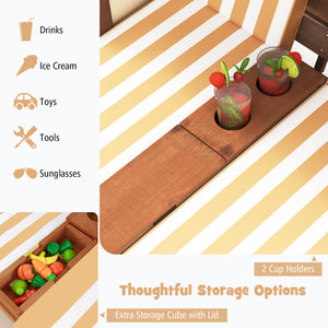 Wooden tray with cup holders and storage compartments on a striped background