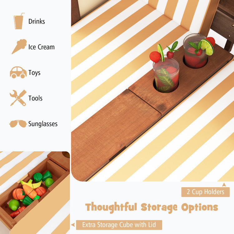 Wooden tray with cup holders and storage compartments on a striped background